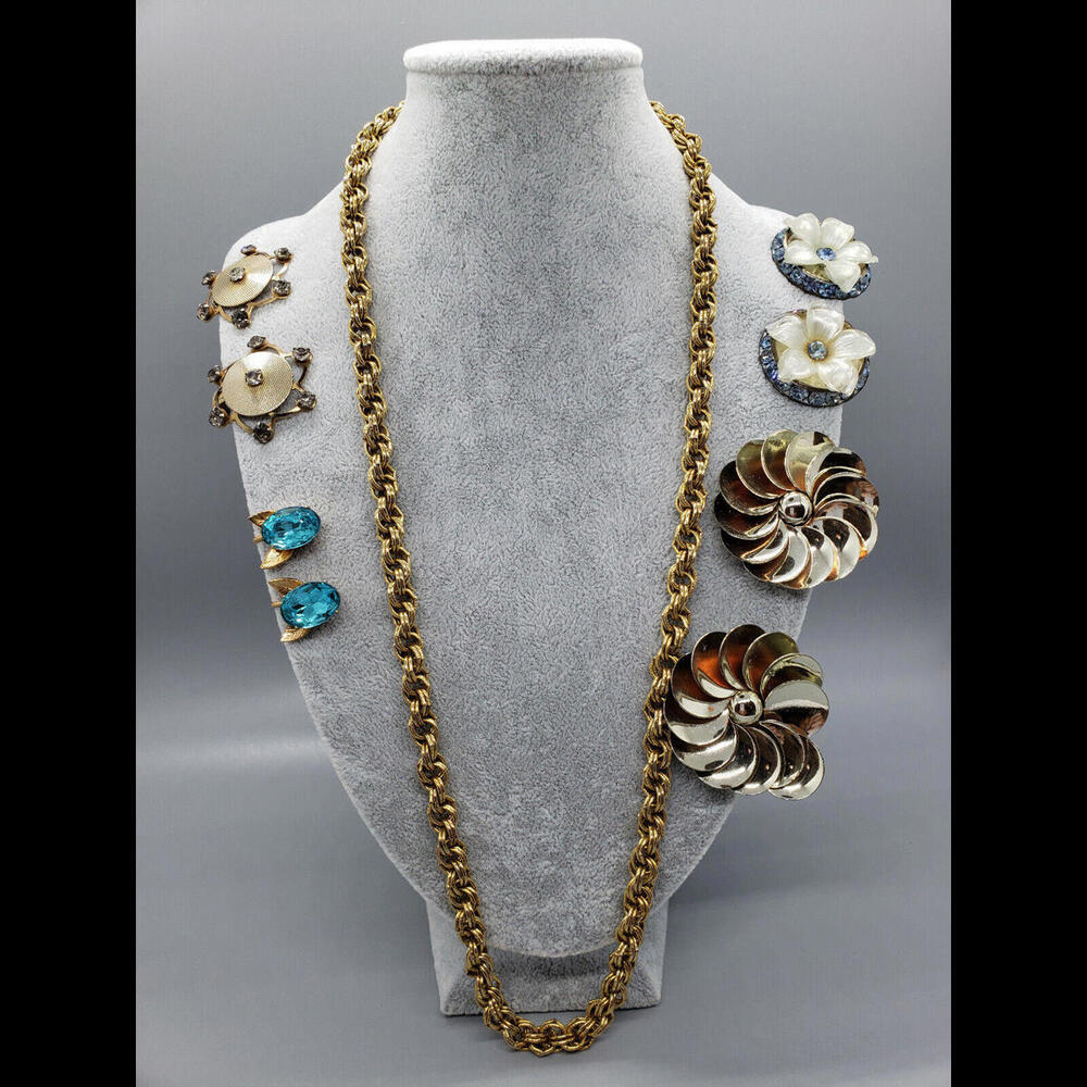 Vintage Costume Jewelery LOT Gold Chain; Aqua, Pearl, Flower, Rhinestone Earring